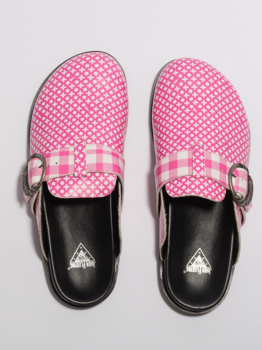 John Fluevog Chillville Bean Bag pink XO buckle clog pink & white pattern 10